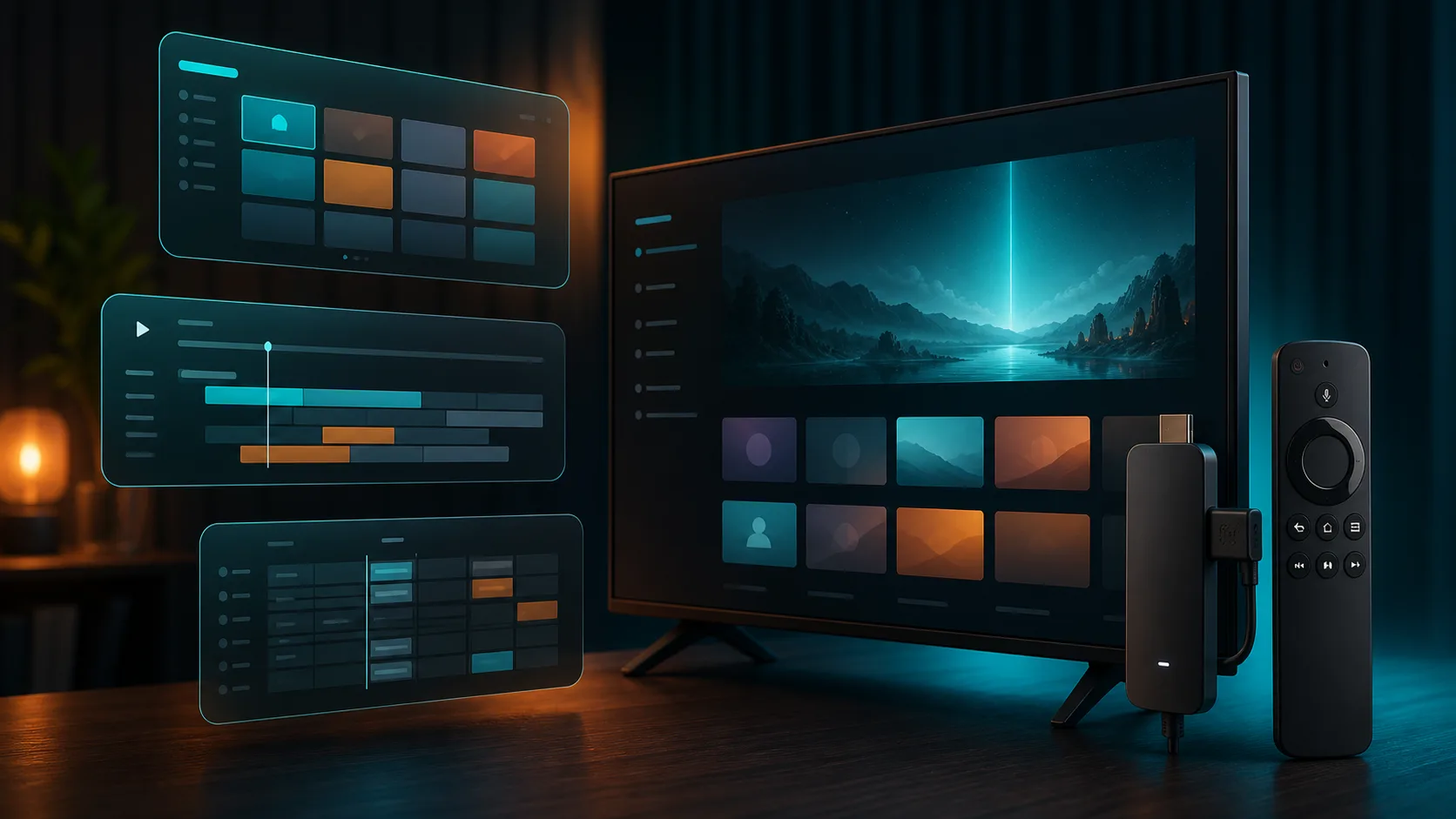 Original illustration of a generic streaming stick, remote and abstract IPTV player interfaces