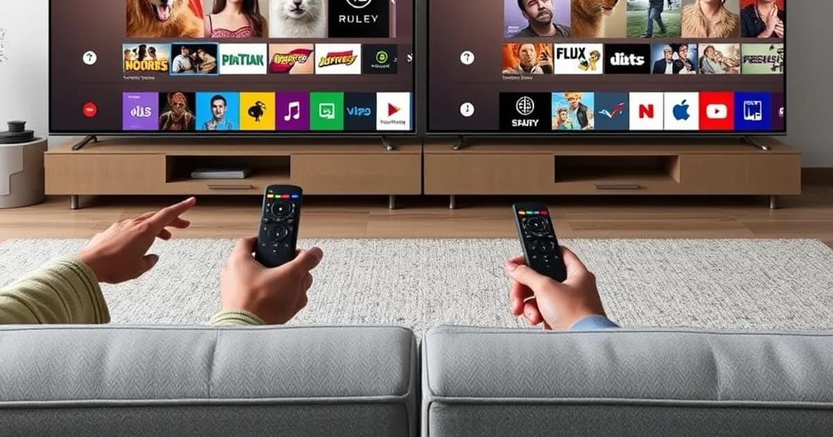 Samsung-style and LG-style Smart TV app selection setup with remote controls