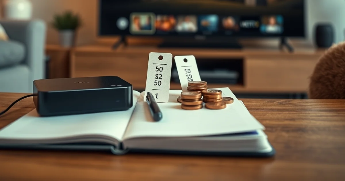 Editorial illustration comparing IPTV subscription pricing tiers and a household budget